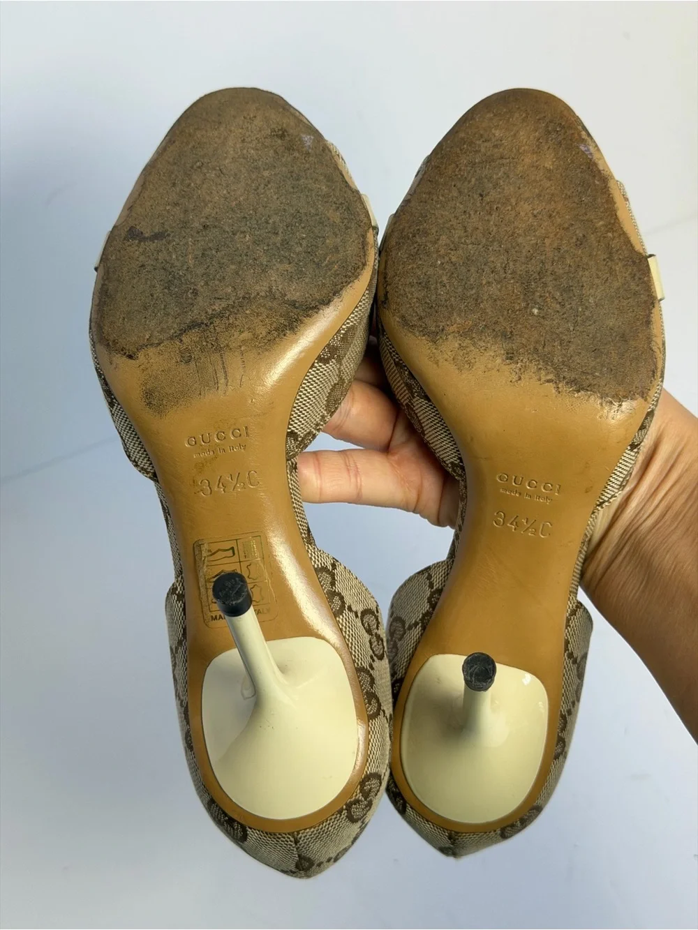 Gucci GG Canvas Hollywood Horsebit D'Orsay Peep Toe Heels Size 34.5